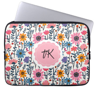 Colourful Whimsical Folk Art Floral Monogrammed Laptop Sleeve