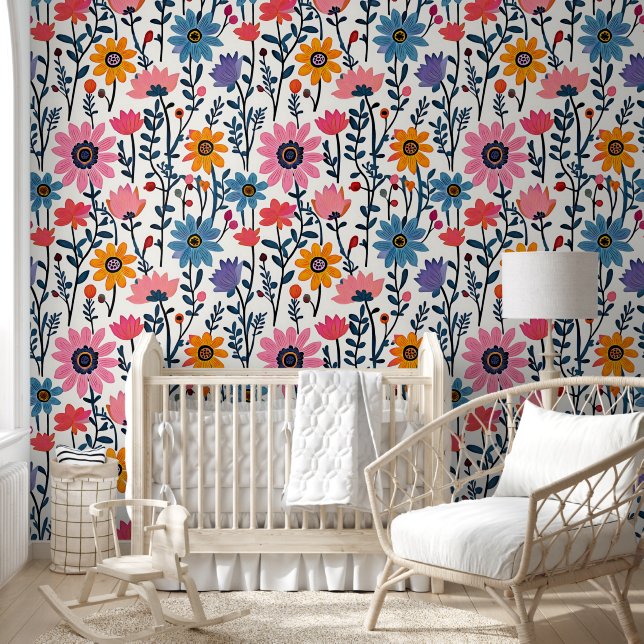 Colourful Whimsical Folk Art Floral Wallpaper (Kids)