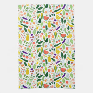 Colourful Whimsical Fruits Veggies Pattern Tea Towel