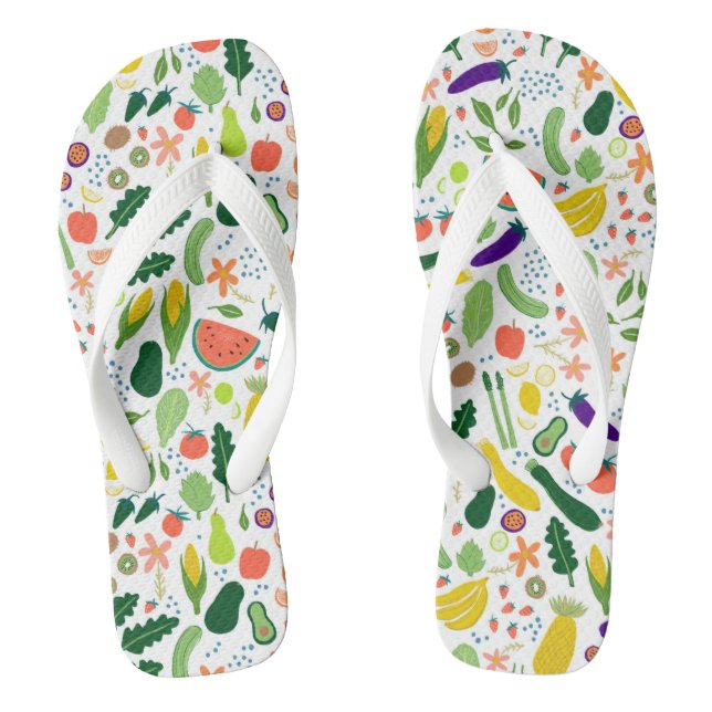 Colourful Whimsical Fruits & Veggies Pattern  Thongs (Footbed)