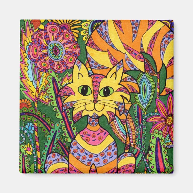 Colourful Whimsical Garden Cat Green Flowers Magnet (Front)