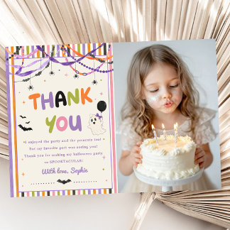 Colourful Whimsical Halloween Birthday Photo Thank You Card