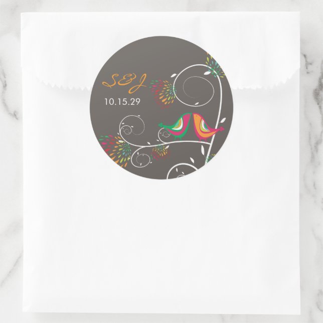 Colourful Whimsical Kissing Summer Birds Wedding Classic Round Sticker (Bag)