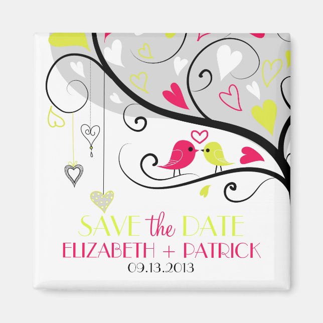 Colourful Whimsical Lovebirds Save the Date Magnet (Front)
