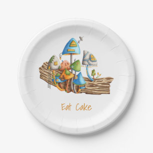 Colourful Whimsical Mushroom Village Eat Cake Paper Plate