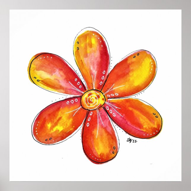 Colourful Whimsical Orange and Yellow Flower Poster (Front)