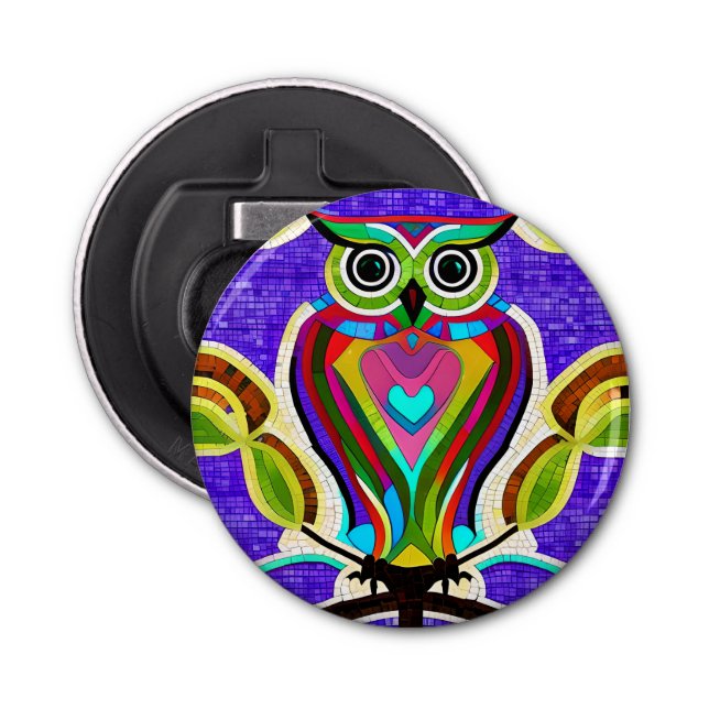 Colourful Whimsical  Owl with Heart Bottle Opener (Front)