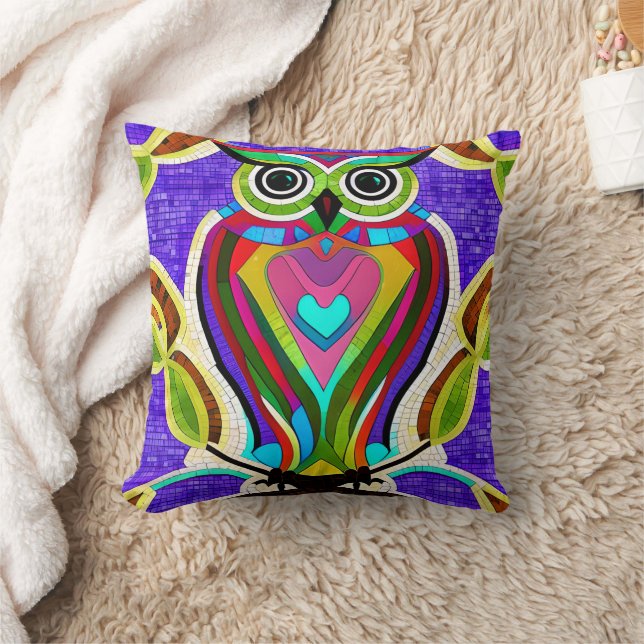 Colourful Whimsical  Owl with Heart Cushion (Blanket)