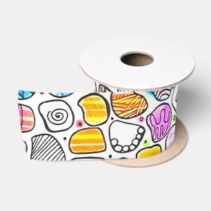 Colourful Whimsical Pattern Birthday & Holiday Satin Ribbon