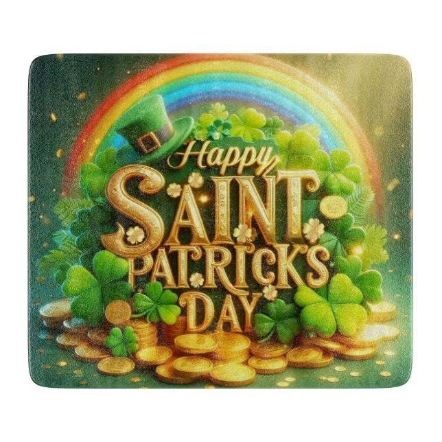 Colourful, whimsical Rainbow Saint Patrick's Day Cutting Board (Front)