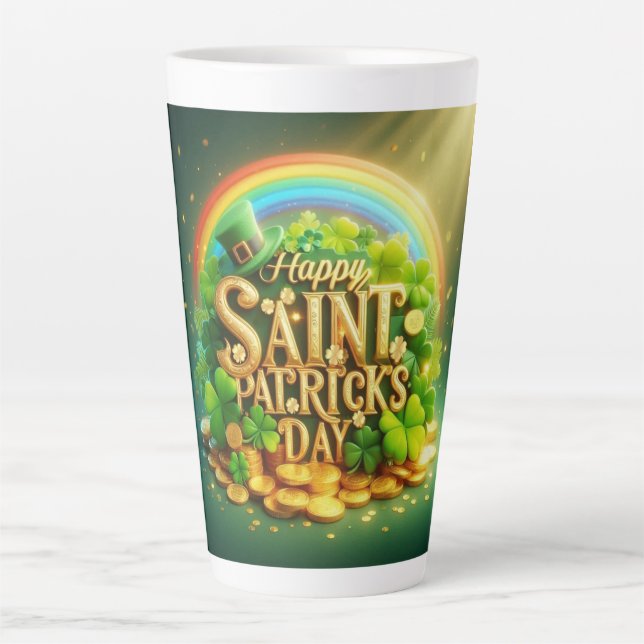 Colourful, whimsical Rainbow Saint Patrick's Day Latte Mug (Front)