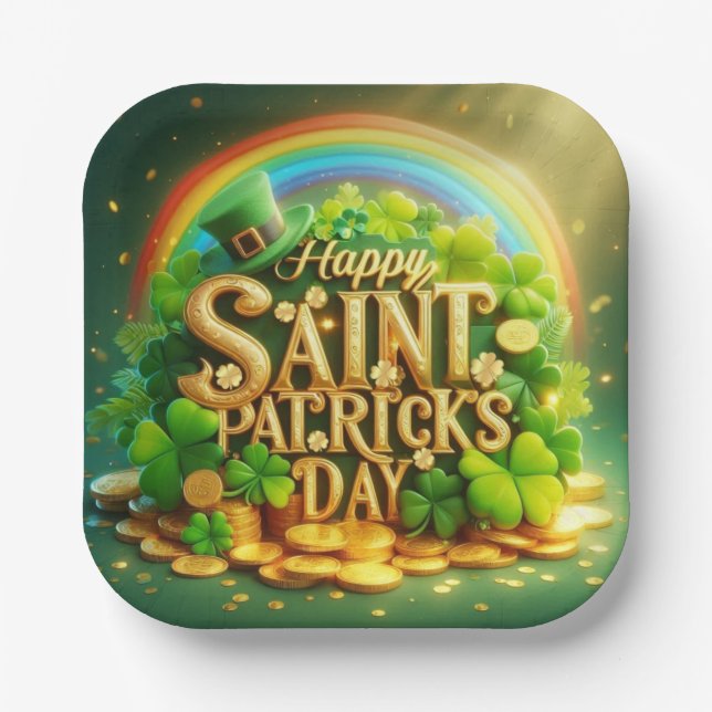 Colourful, whimsical Rainbow Saint Patrick's Day Paper Plate (Front)