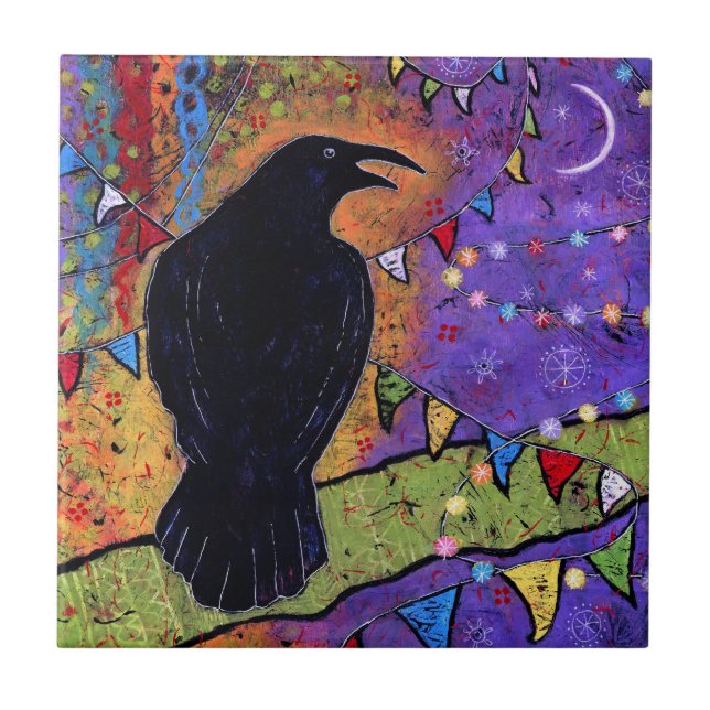 Colourful Whimsical Raven Laughing  Ceramic Tile (Front)