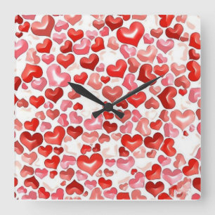Colourful Whimsical Small Hearts Red Pink White Square Wall Clock