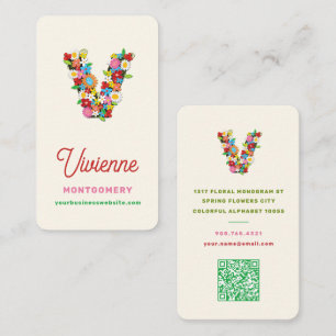 Colourful Whimsical Spring Flowers V Monogram Name Business Card