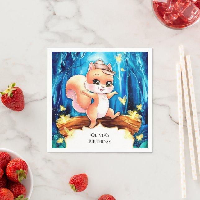 Colourful Whimsical Squirrel Birthday Napkin (Insitu)