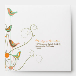 Colourful Whimsical Summer Birds and Swirls Weddin Envelopes