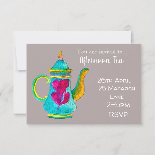 Colourful whimsical teapot afternoon tea party invitation (Front)