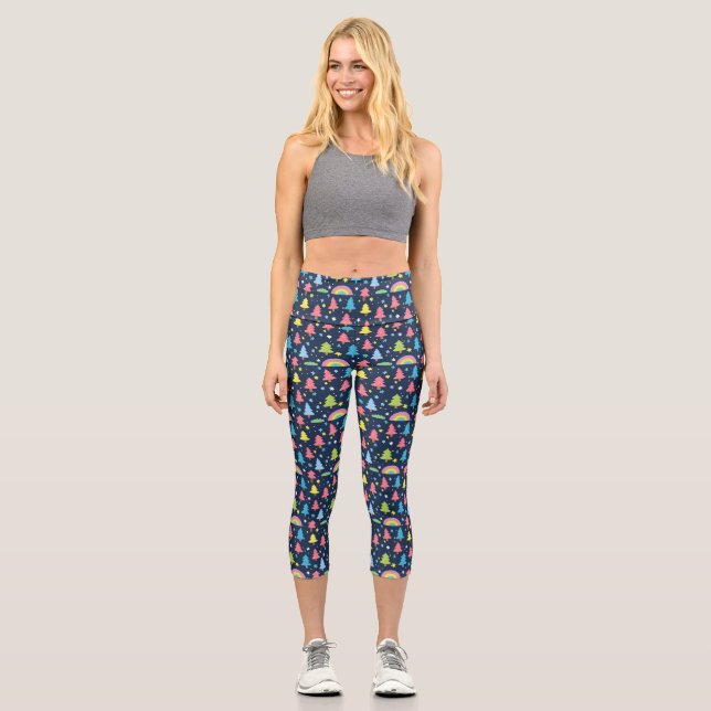 Colourful Whimsical Tree Capri Leggings (Front)