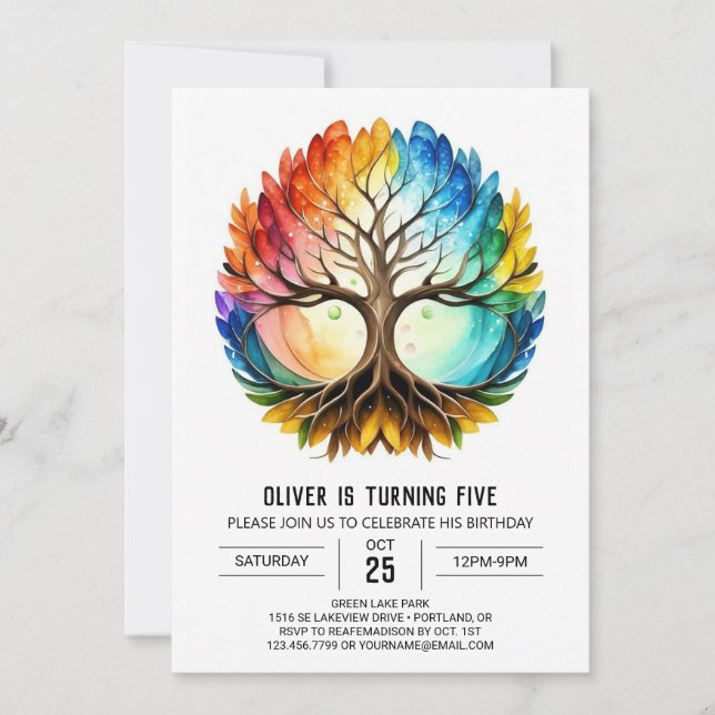 Colourful Whimsical Tree of Life Birthday Invitation (Front)