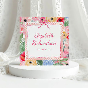 Colourful Whimsical Watercolor Flowers and Bow Square Business Card