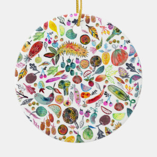 Colourful Whimsical Watercolor Fruits Veggies Ceramic Ornament