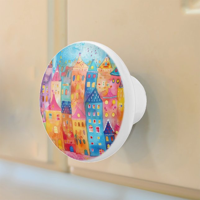 Colourful Whimsical Watercolor Townscape Ceramic Knob (Creator Uploaded)