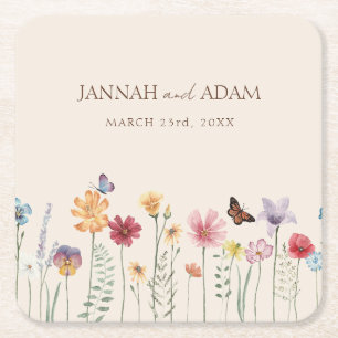 Colourful Whimsical Wildflower Wedding Square Paper Coaster