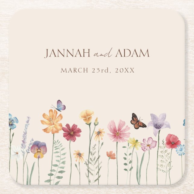 Colourful Whimsical Wildflower Wedding Square Paper Coaster (Front)