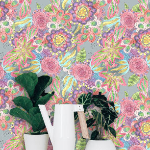 Colourful Whimsy Boho Chic Hand-Drawn Florals Wallpaper