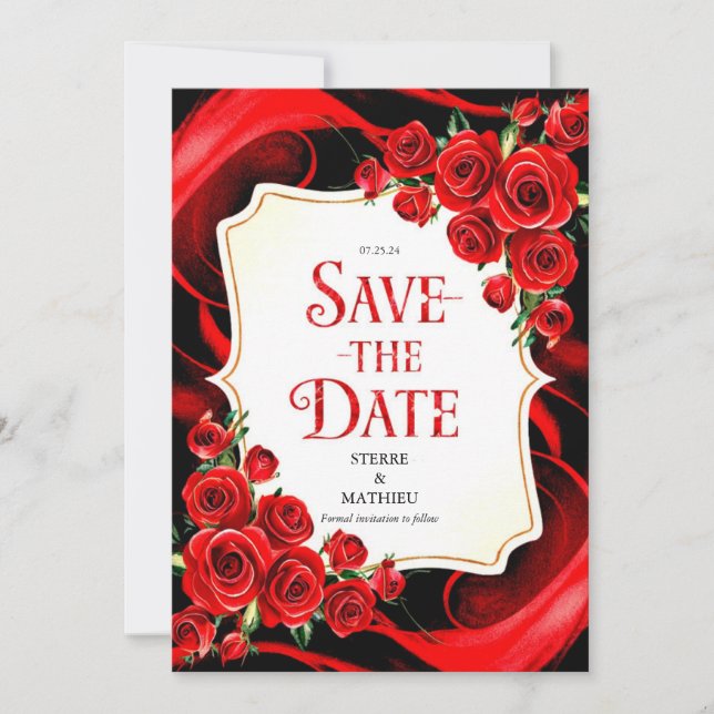 Colourful Whimsy Crimson Red Roses Wedding Save The Date (Front)
