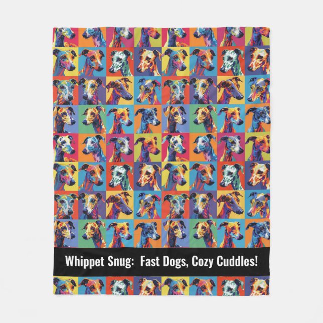 Colourful Whippet Snug with custom text Fleece Blanket (Front)
