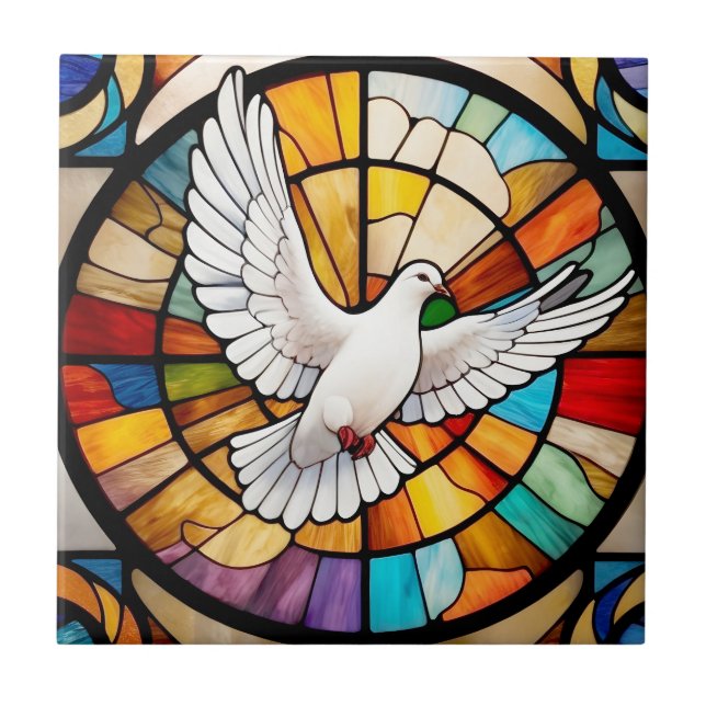 Colourful White Dove Stained Glass Bird Ceramic Tile (Front)