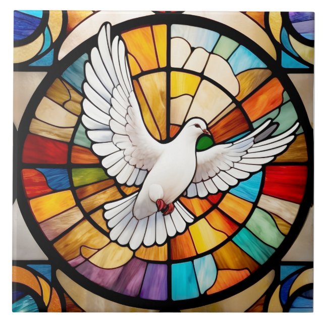 Colourful White Dove Stained Glass Bird Ceramic Tile (Front)