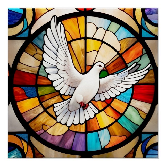Colourful White Dove Stained Glass Bird Poster (Front)