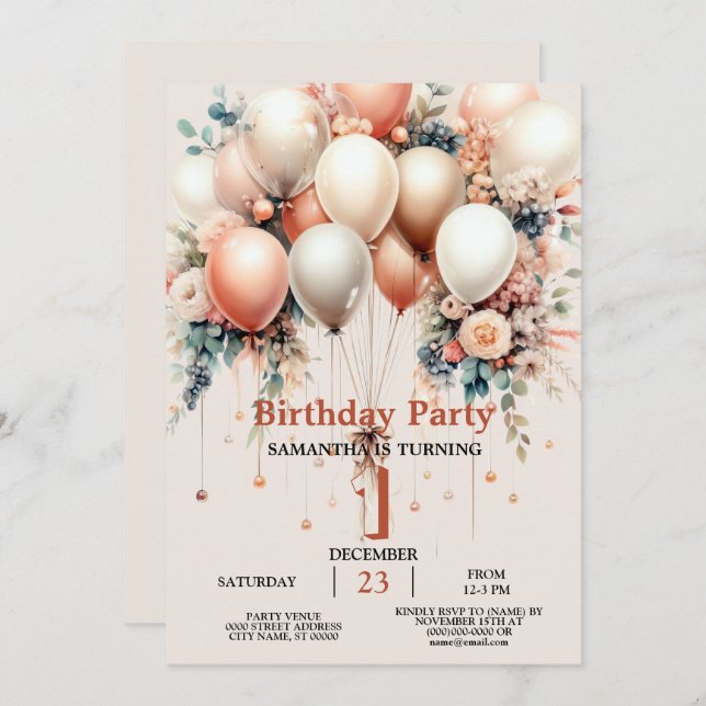 Colourful White Peach Floral Balloon Birthday Part Invitation (Front/Back)