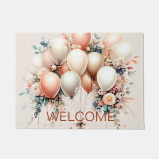 Colourful White Peach Floral Balloons Elegant Part Doormat