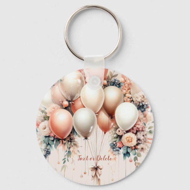 Colourful White Peach Floral Balloons Elegant Part Key Ring (Front)