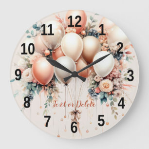 Colourful White Peach Floral Balloons Elegant Part Large Clock