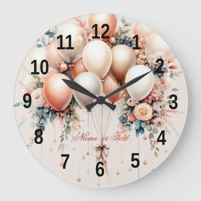 Colourful White Peach Floral Balloons Elegant Part Large Clock (Front)