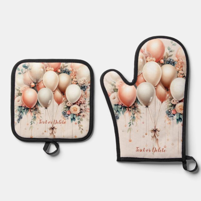 Colourful White Peach Floral Balloons Elegant Part Oven Mitt & Pot Holder Set (Front)