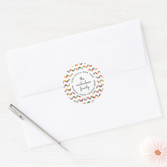 Colourful Wiggle Stripe Address Classic Round Sticker (Envelope)