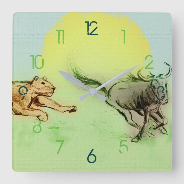 Colourful Wild Animals Chase Drawing, Square Clock (Front)