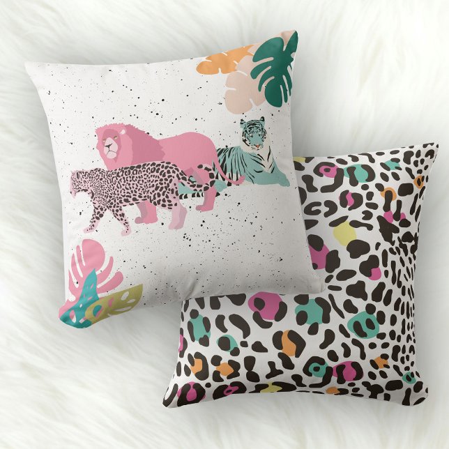 Colourful Wild Animals & Tropical Leaves Cushion (Colorful Wild Animals & Tropical Leaves Throw Pillow)