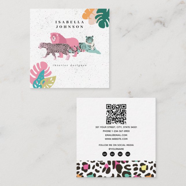 Colourful Wild Animals & Tropical Leaves QR Code Square Business Card (Front/Back)