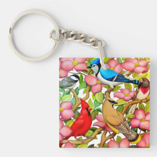 Colourful Wild Birds in Dogwood Keychain