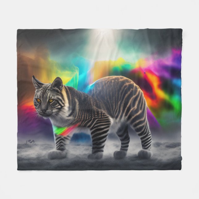Colourful Wild Cat with Rainbow Colours, Cat Fleece Blanket (Front (Horizontal))