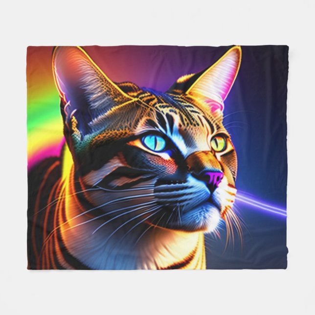 Colourful Wild Cat with Rainbow Colours, Cat Fleece Blanket (Front (Horizontal))