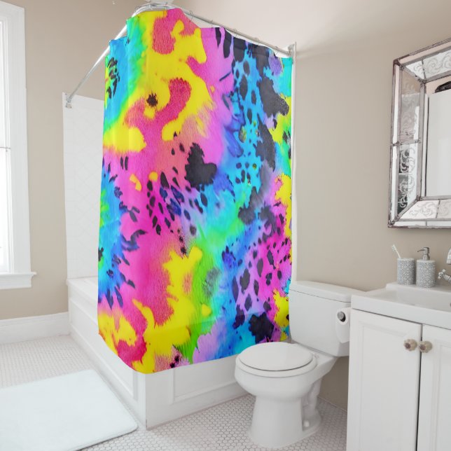 Colourful Wild Cheetah Tye Dye Pattern  Shower Curtain (In Situ)