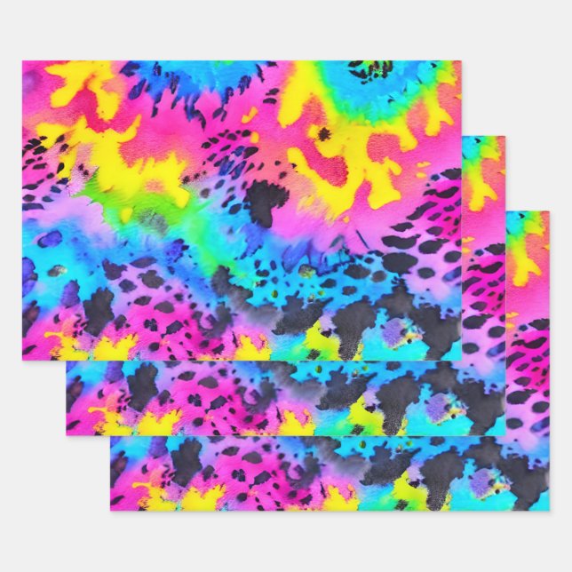 Colourful Wild Cheetah Tye Dye Pattern  Wrapping Paper Sheet (Set)